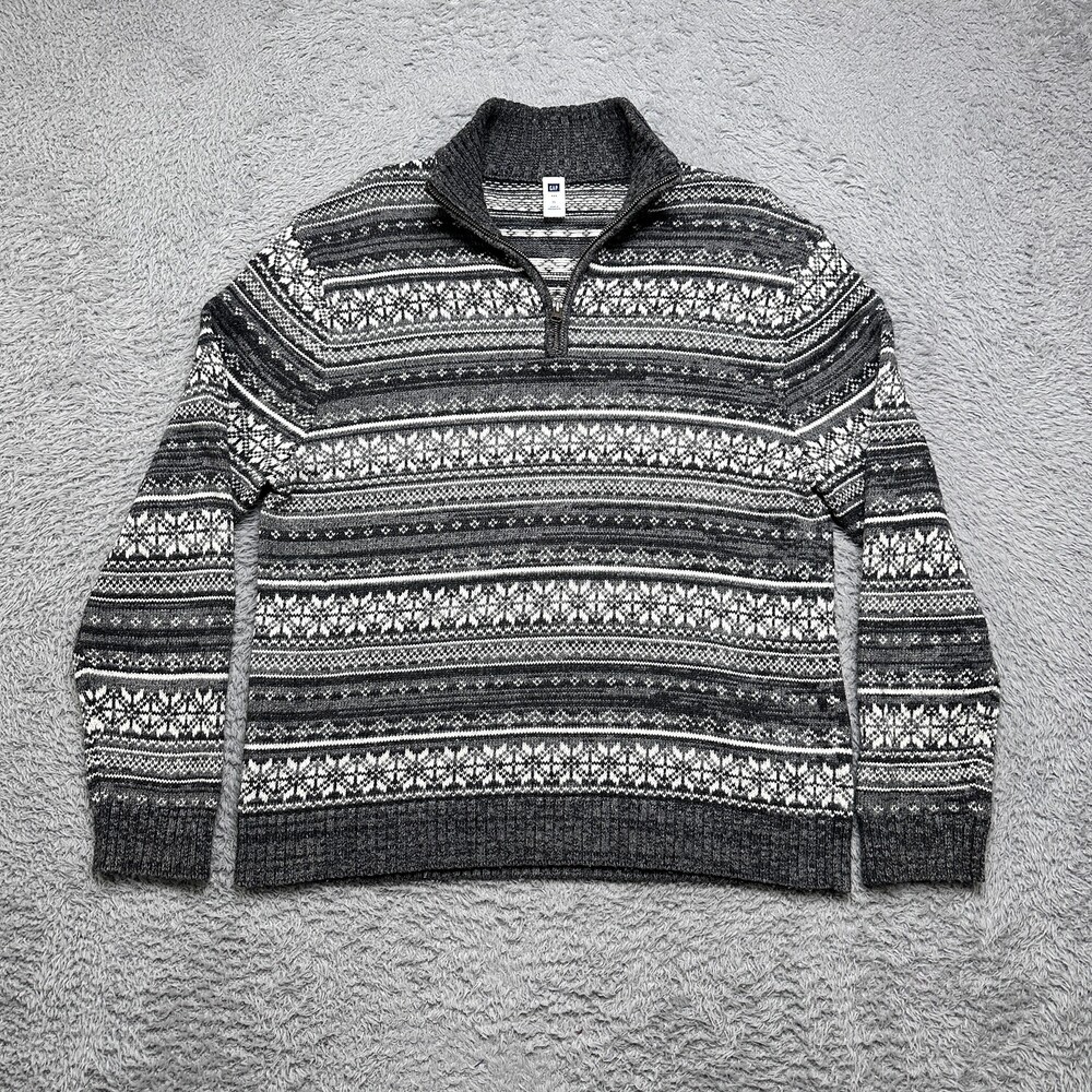Gap Sweater Mens XL Gray Wool Mix 1/4 Zip Mock Neck Fair Isle Snowflake